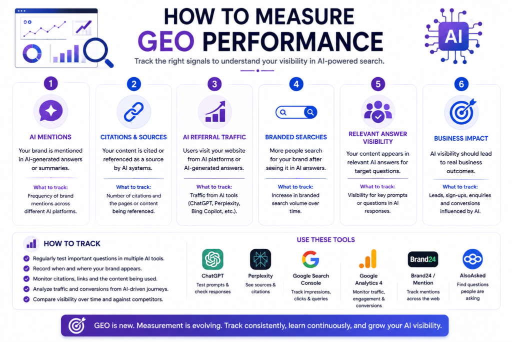 GEO vs SEO performance measurement showing rankings, AI mentions, traffic and conversions