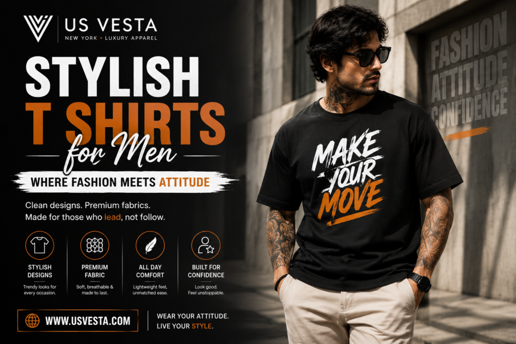 Stylish T Shirts for Men by US Vesta featuring premium fabric, modern graphic design, all day comfort and confident streetwear fashion