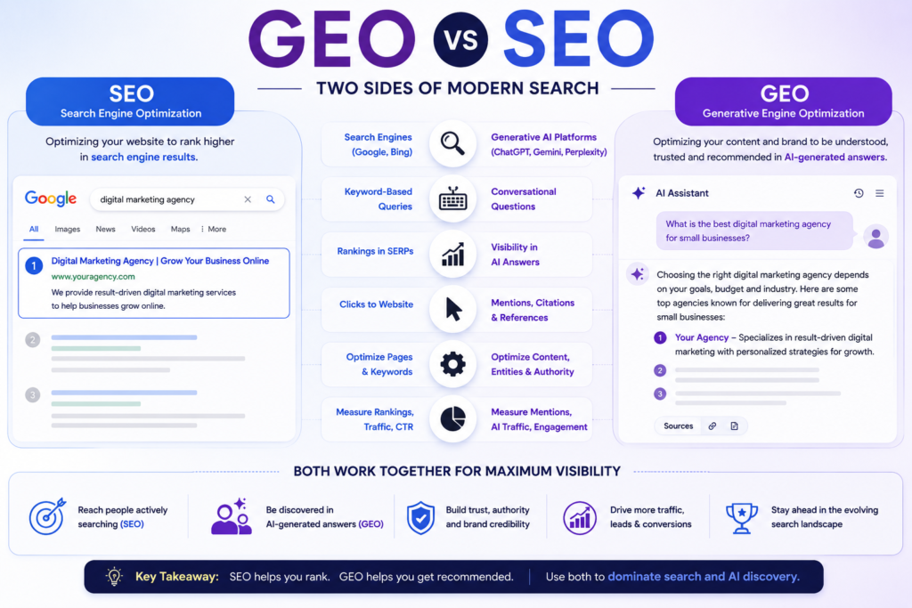 GEO vs SEO comparison of traditional search results and generative AI search