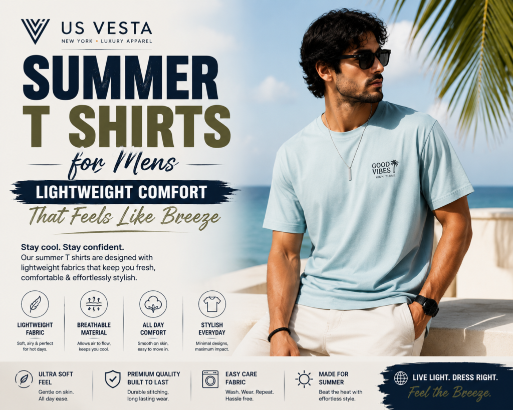 Summer T Shirts for Men by US Vesta featuring lightweight breathable fabric, premium comfort and stylish casual fashion for hot weather