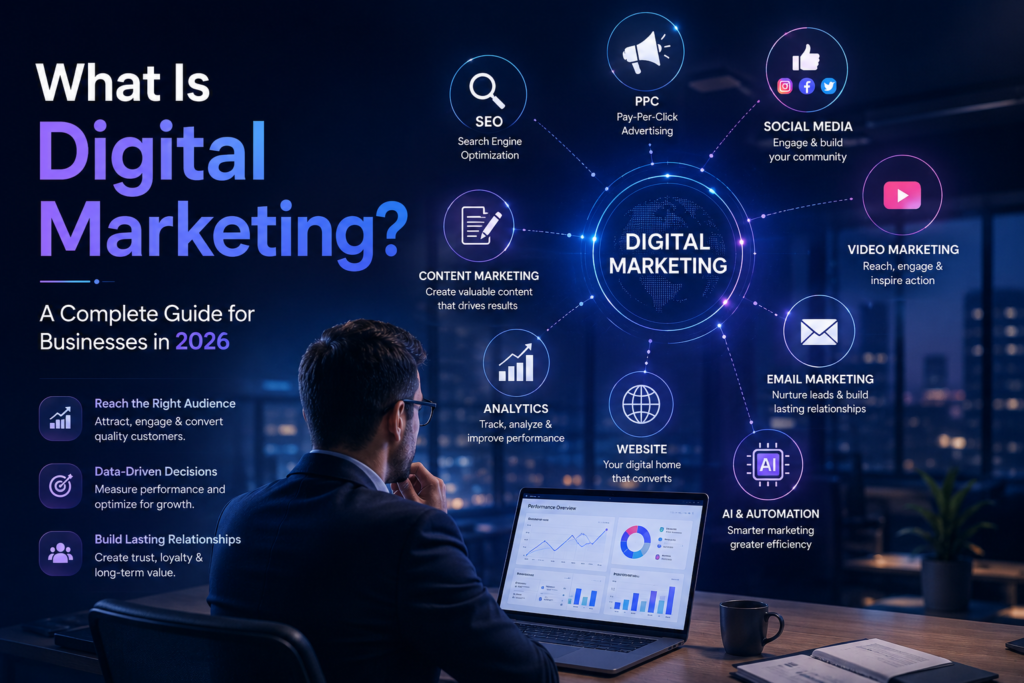 What is digital marketing showing SEO social media PPC content marketing and email marketing