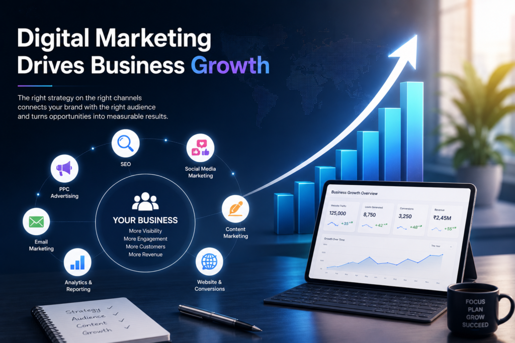 Digital marketing helping businesses increase online visibility leads sales and brand awareness