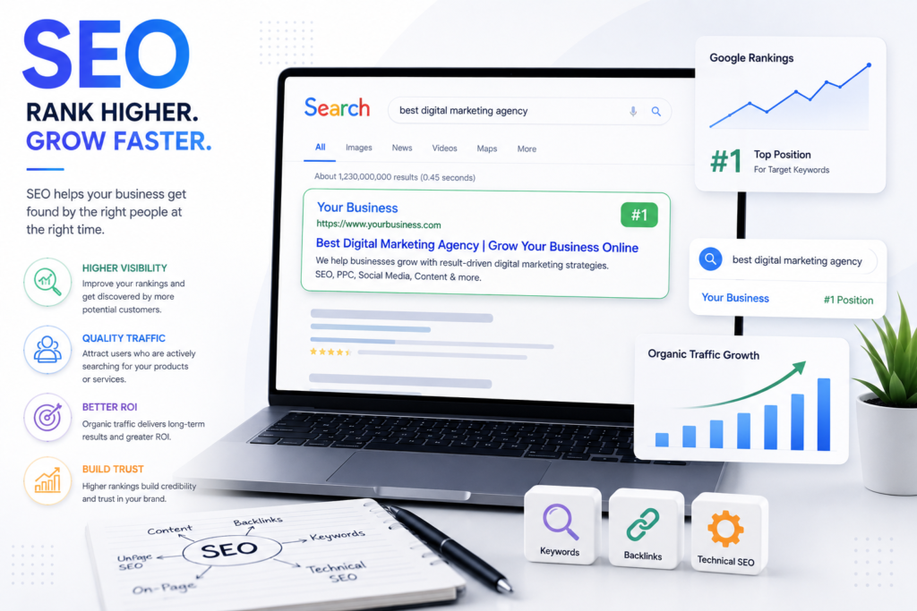Digital marketing SEO strategy improving website search engine rankings and organic traffic