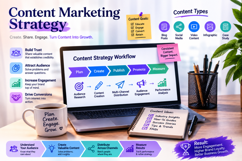 Content marketing strategy creating valuable content for digital marketing audience engagement