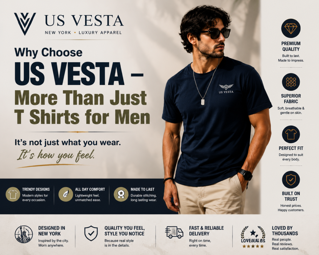 Why Choose US Vesta T Shirts for Men featuring premium quality fabric, perfect fit, trendy designs and comfortable everyday fashion