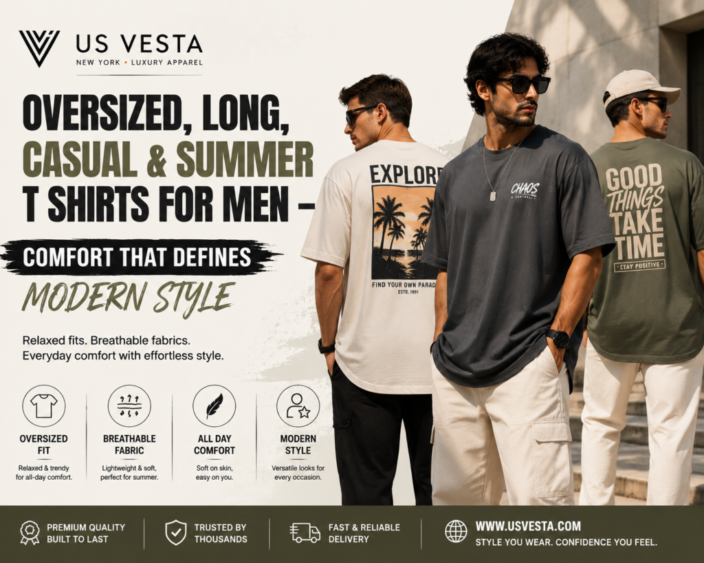 Oversized, Long, Casual & Summer T Shirts for Men by US Vesta featuring breathable fabric, relaxed fits and modern everyday fashion style
