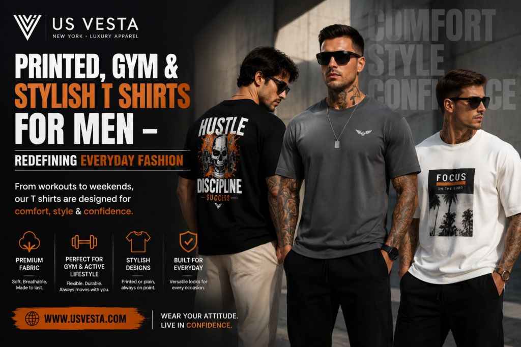 Printed, Gym & Stylish T Shirts for Men by US Vesta featuring premium fabric, workout comfort and trendy everyday fashion designs